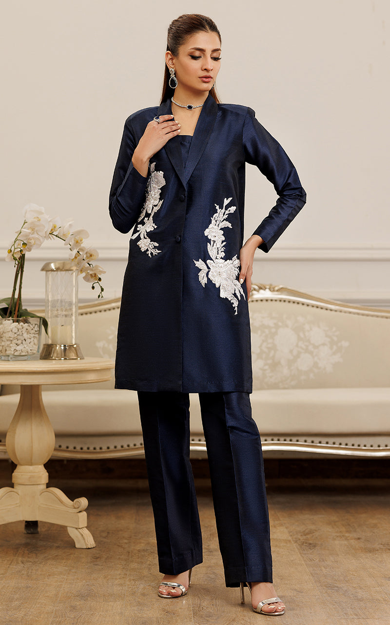 Deep Ocean Embroidered Raw Silk Jacket Set (2-Piece) - Image 1