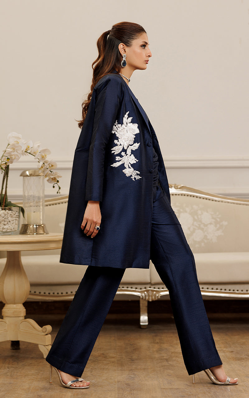 Deep Ocean Embroidered Raw Silk Jacket Set (2-Piece) - Image 3