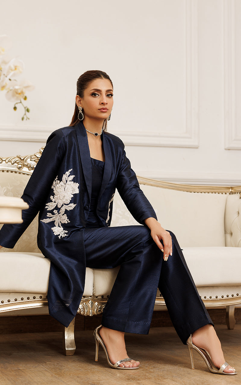 Deep Ocean Embroidered Raw Silk Jacket Set (2-Piece) - Image 5