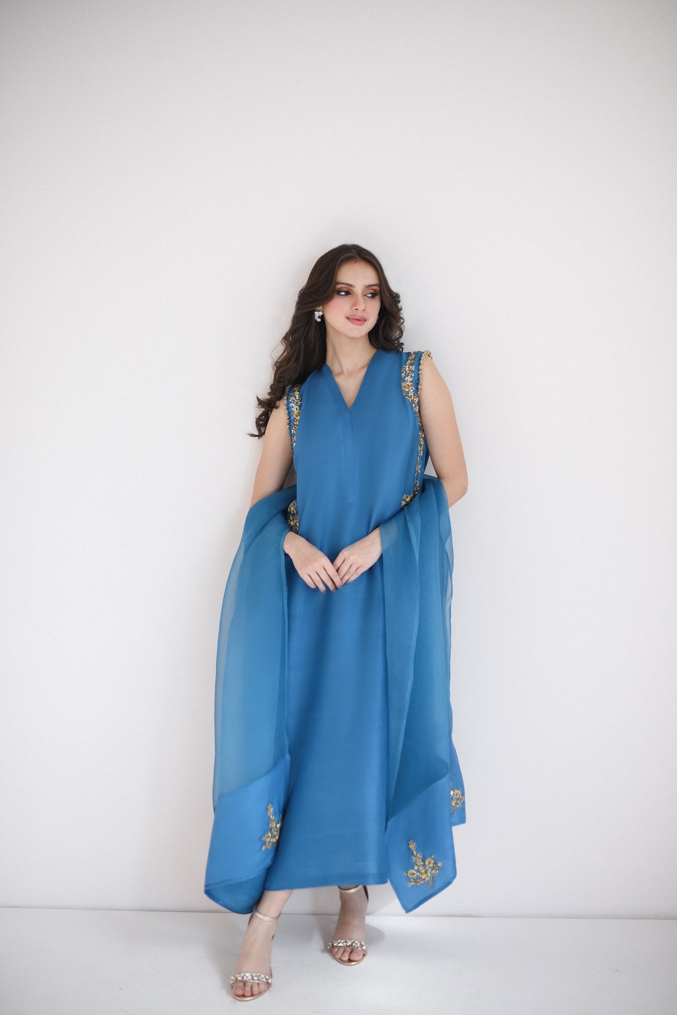 Azure Blue Gold Ada Work Silk Salwar Kameez (3-Piece) - Image 1