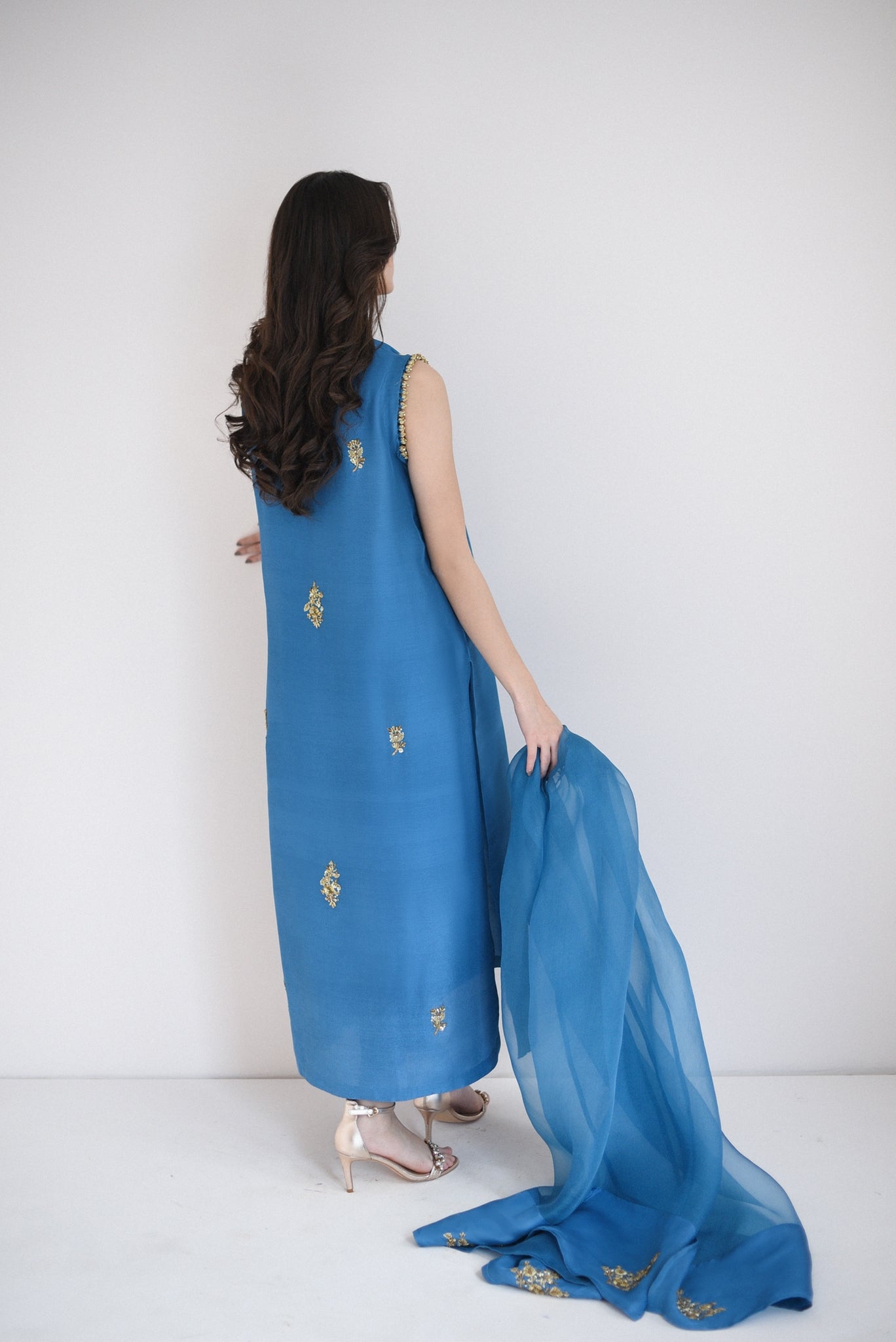 Azure Blue Gold Ada Work Silk Salwar Kameez (3-Piece) - Image 2