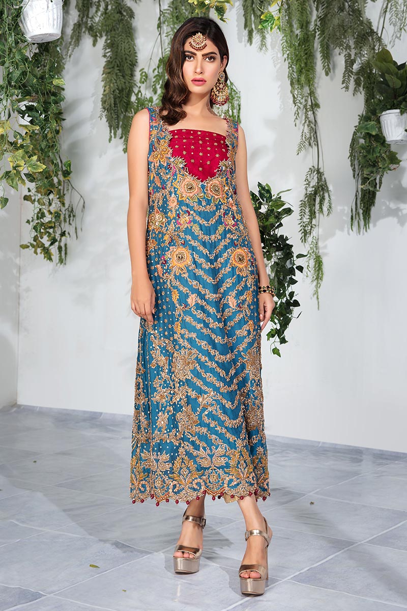 Pakistani Blue Embellished Raw Silk Long Shirt (2-Piece) - Image 1