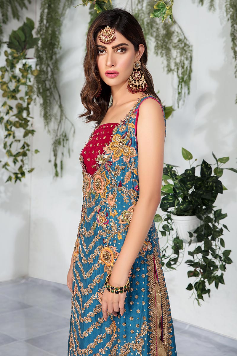 Pakistani Blue Embellished Raw Silk Long Shirt (2-Piece) - Image 2