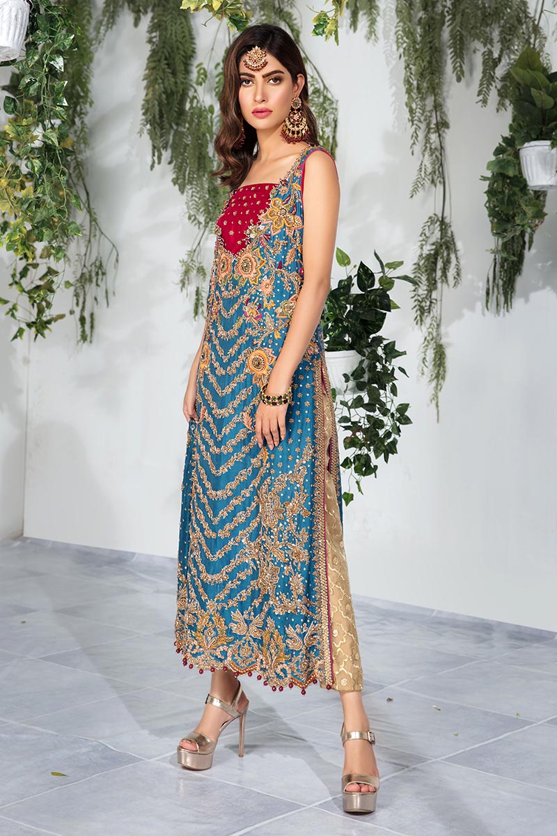 Pakistani Blue Embellished Raw Silk Long Shirt (2-Piece) - Image 4