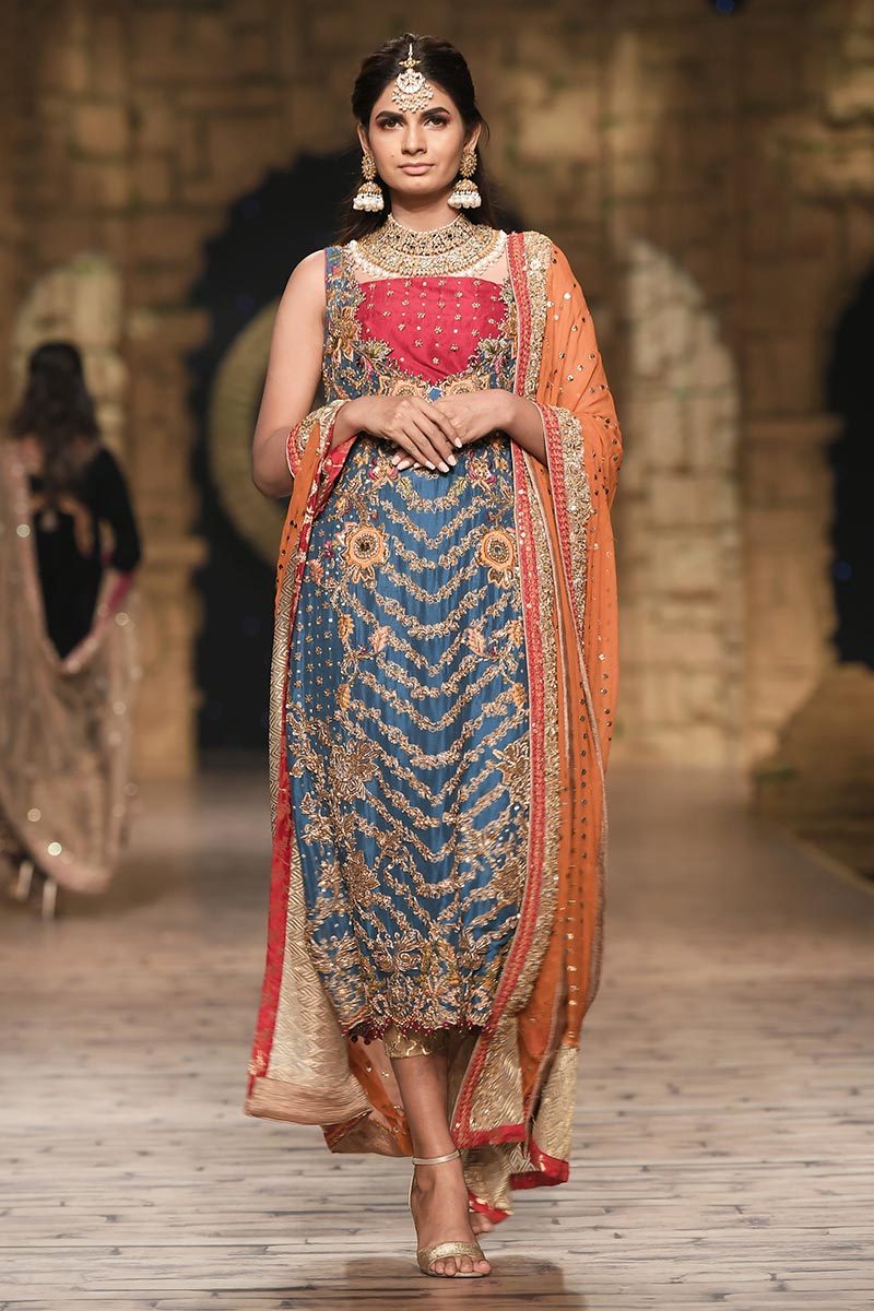 Pakistani Blue Embellished Raw Silk Long Shirt (3-Piece) - Image 1