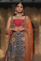 Pakistani Blue Embellished Raw Silk Long Shirt (3-Piece) - Image 3