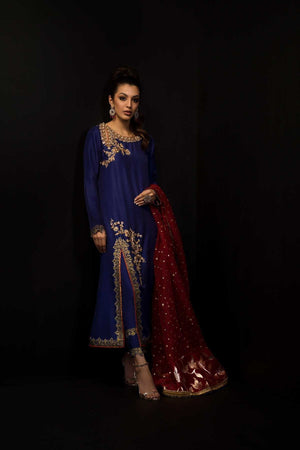 Pakistani Blue Embroidered Raw Silk Salwar Kameez (3-Piece) - Image 1