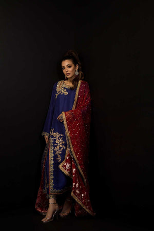 Pakistani Blue Embroidered Raw Silk Salwar Kameez (3-Piece) - Image 2