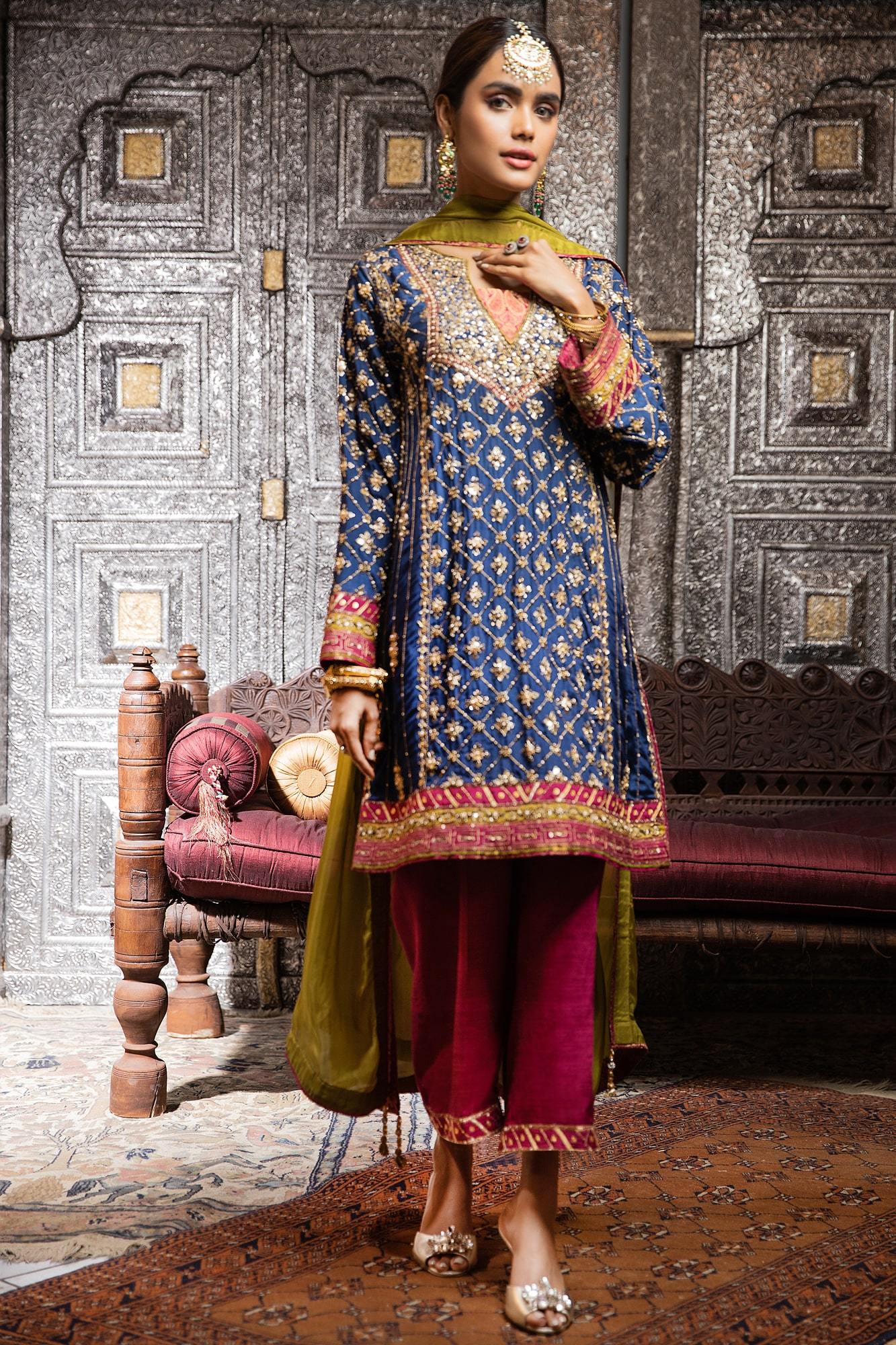 Deep Blue Embroidered Raw Silk Kurta Set (3-Piece) - Image 3