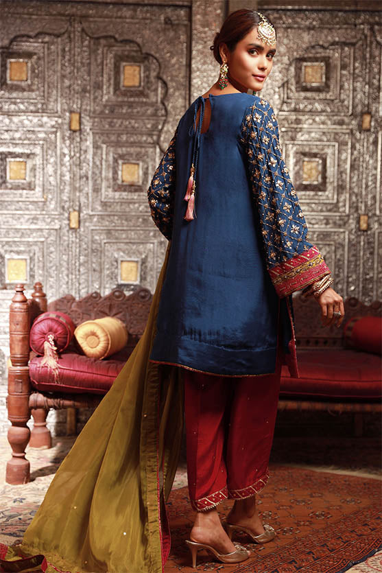 Deep Blue Embroidered Raw Silk Kurta Set (3-Piece) - Image 6
