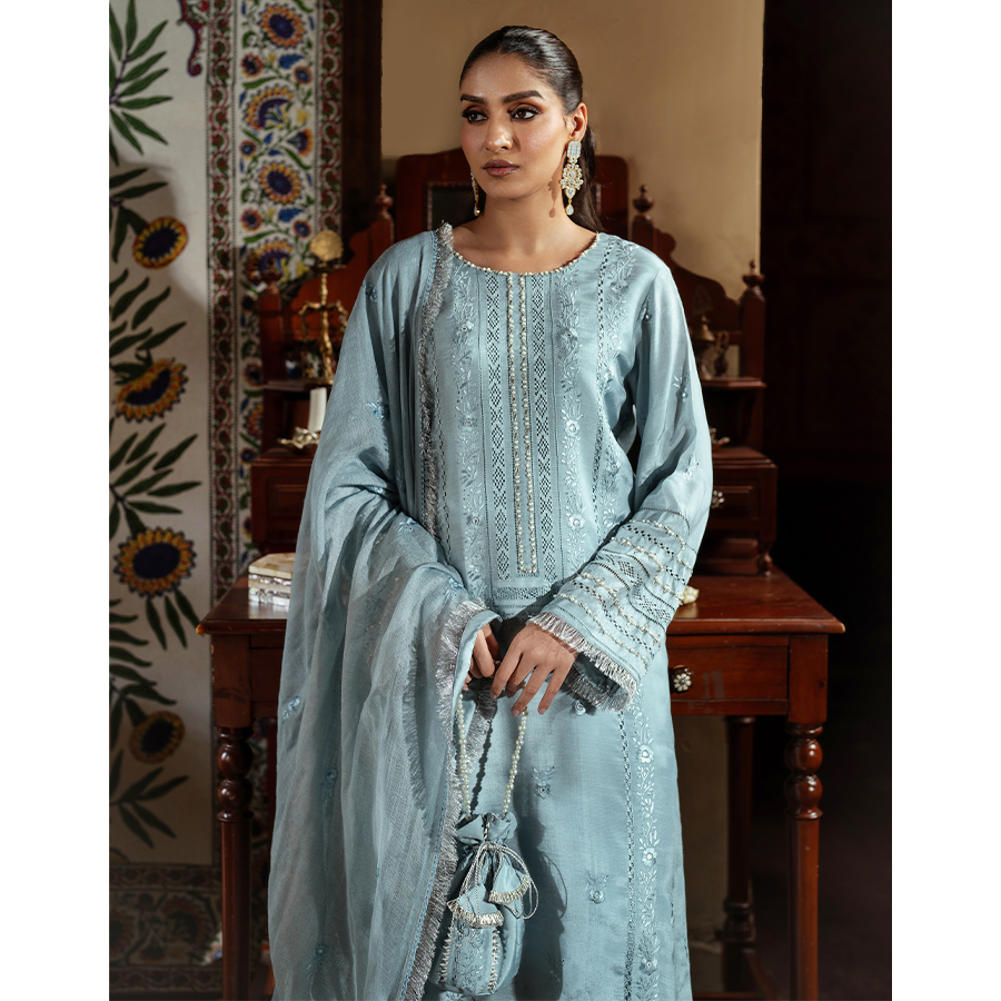 Pakistani Ice Blue Embroidered Raw Silk Kurta Set (4-Piece) - Image 2