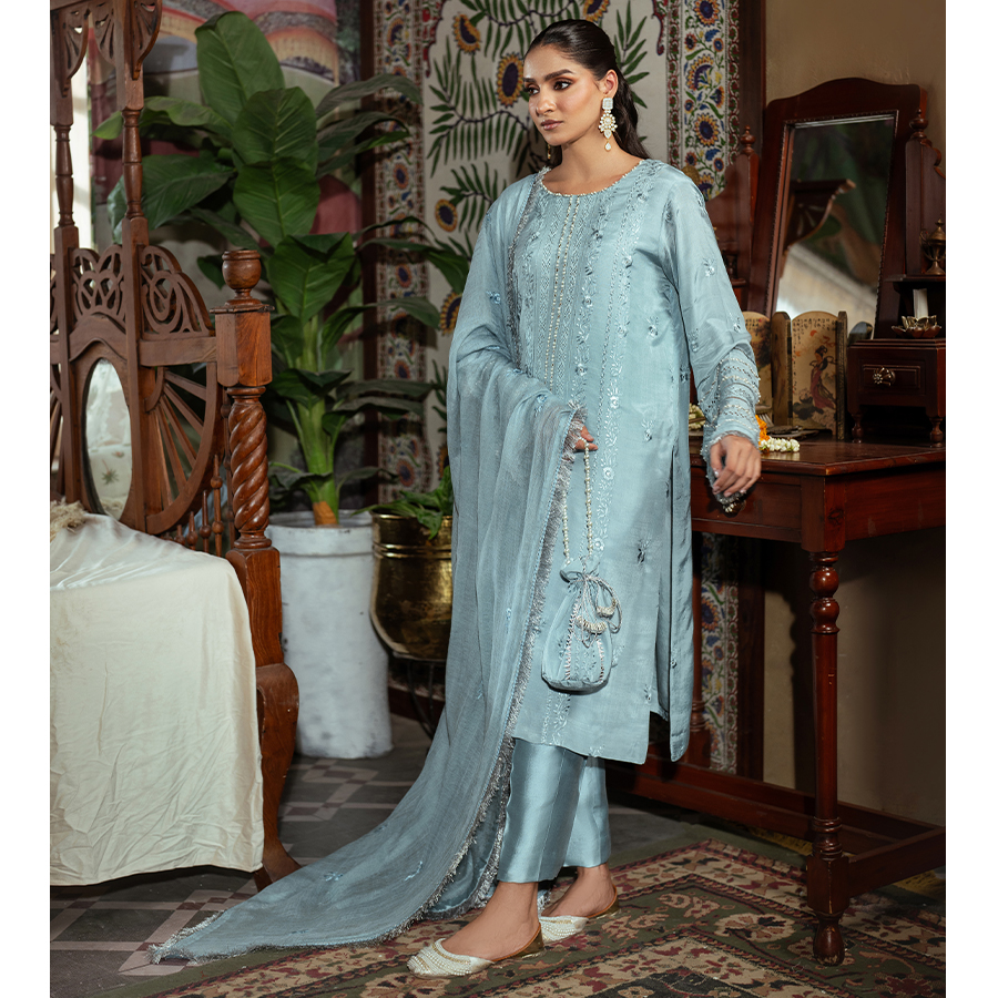 Pakistani Ice Blue Embroidered Raw Silk Kurta Set (4-Piece) - Image 3