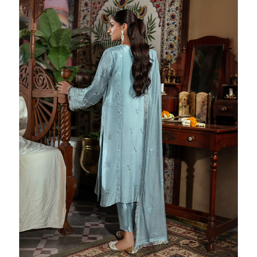 Pakistani Ice Blue Embroidered Raw Silk Kurta Set (4-Piece) - Image 4