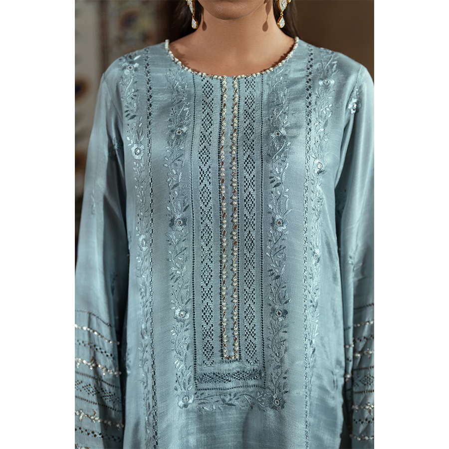 Pakistani Ice Blue Embroidered Raw Silk Kurta Set (4-Piece) - Image 6