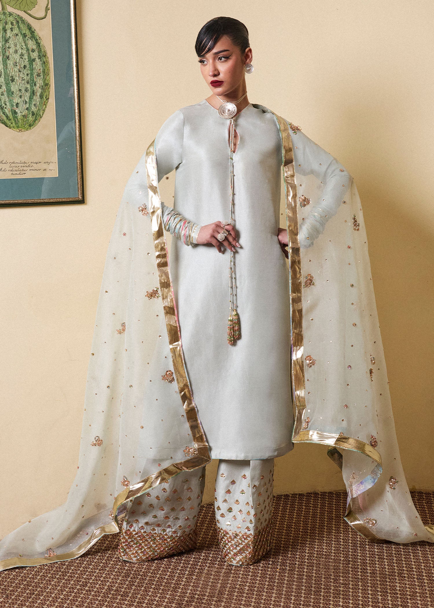 Pakistani Ice Blue Gota & Cut Dana Silk Salwar Kameez (3-Piece) - Image 5
