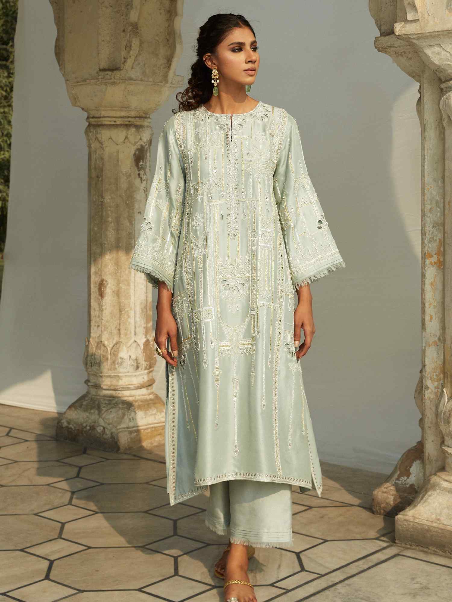 Pakistani Aqua Gota Zardozi Raw Silk Kurti Set (2-Piece) - Image 1
