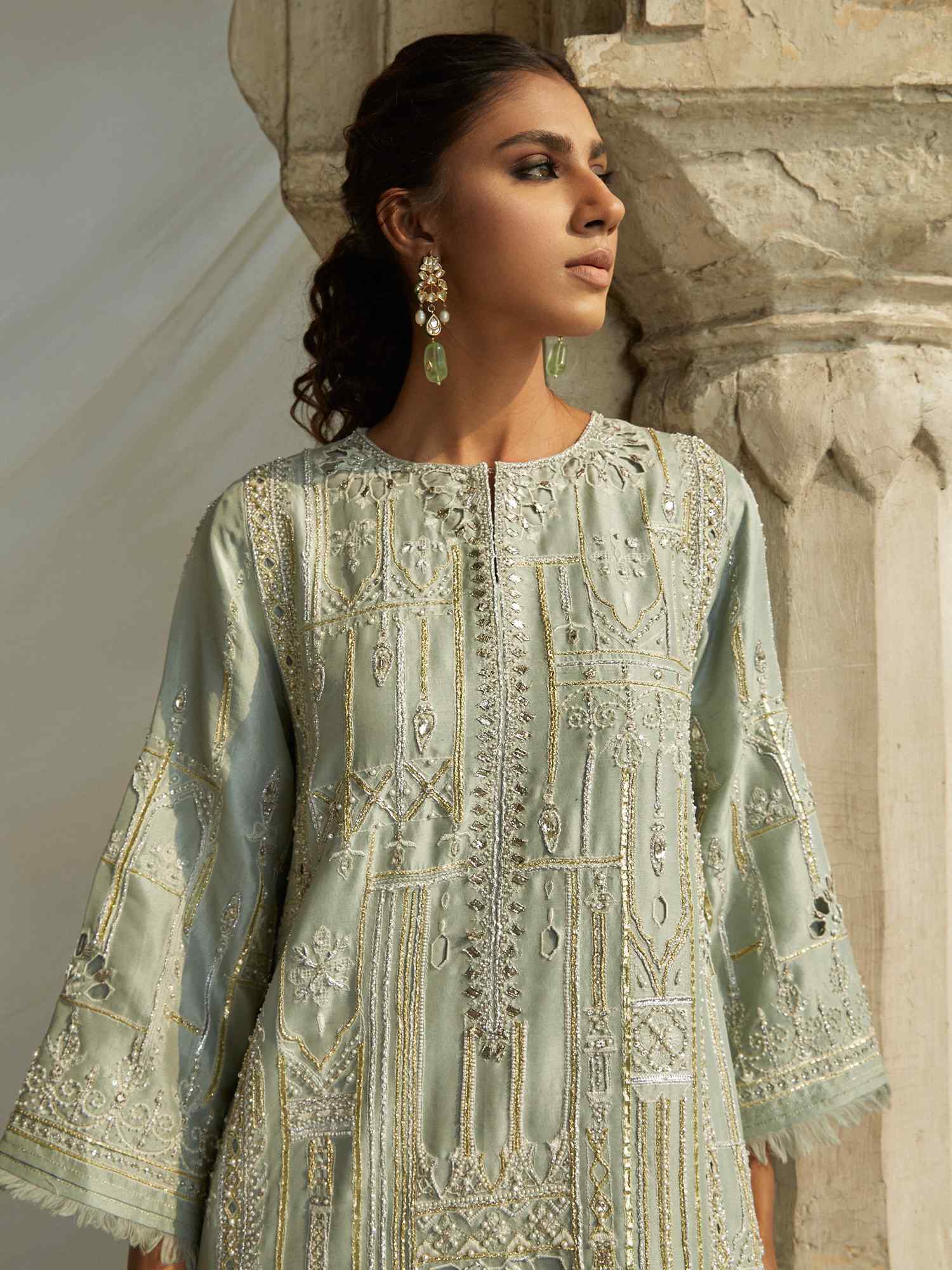 Pakistani Aqua Gota Zardozi Raw Silk Kurti Set (2-Piece) - Image 2