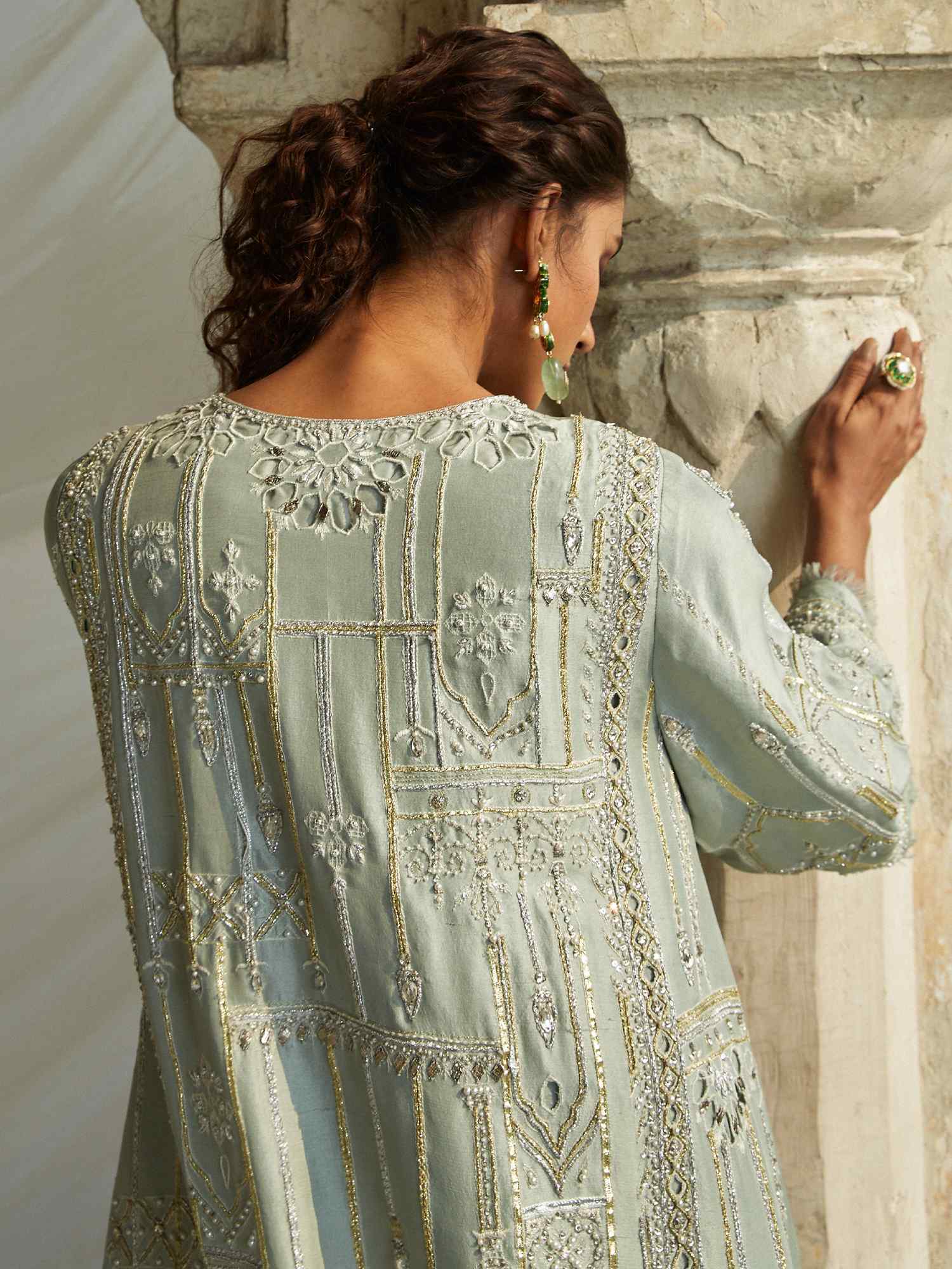 Pakistani Aqua Gota Zardozi Raw Silk Kurti Set (2-Piece) - Image 3
