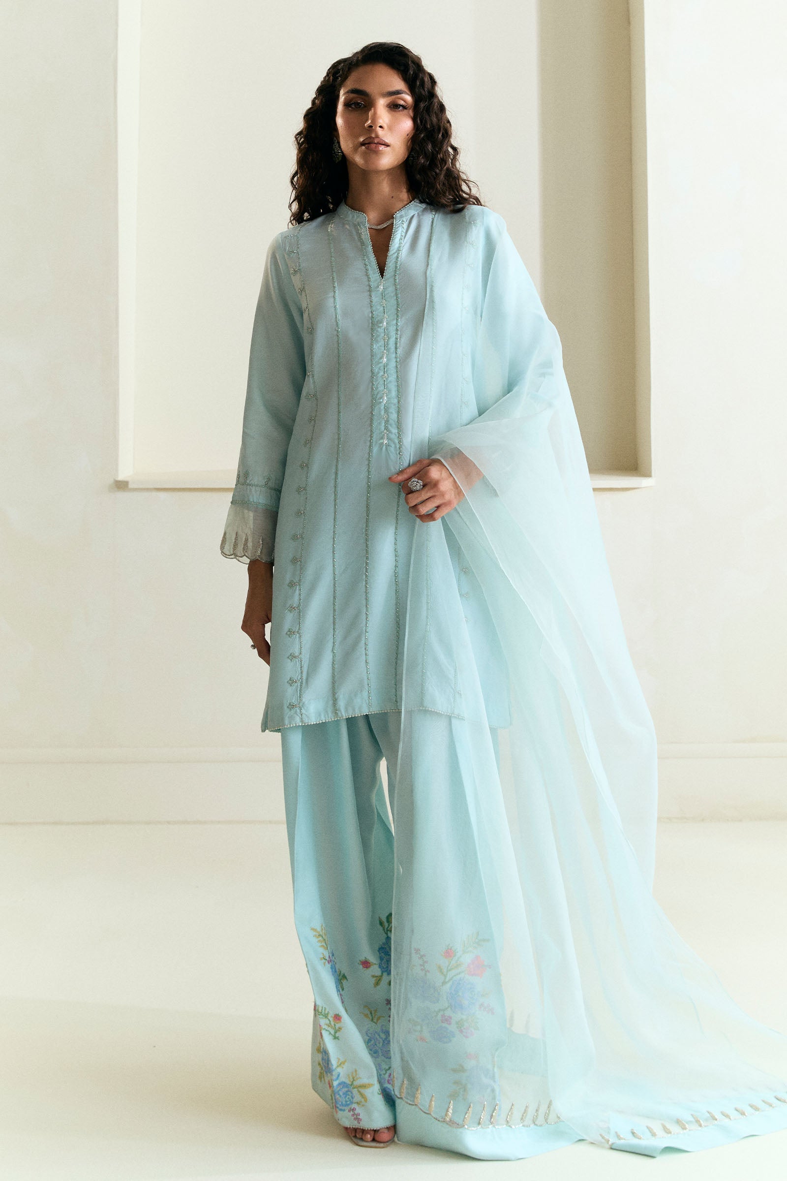 Pakistani Powder Blue Embroidered Raw Silk Salwar Kameez (3-Piece) - Image 1