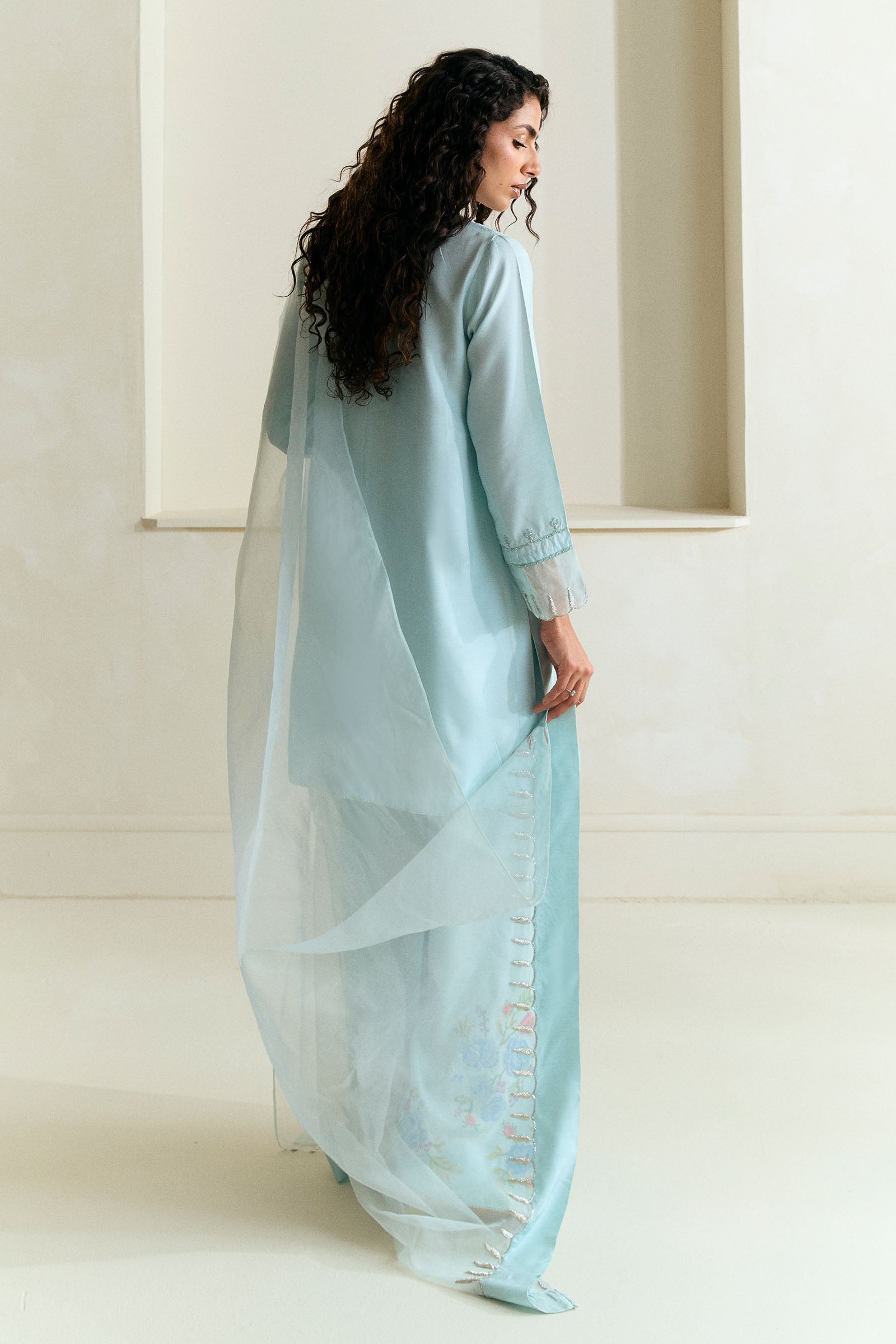 Pakistani Powder Blue Embroidered Raw Silk Salwar Kameez (3-Piece) - Image 2