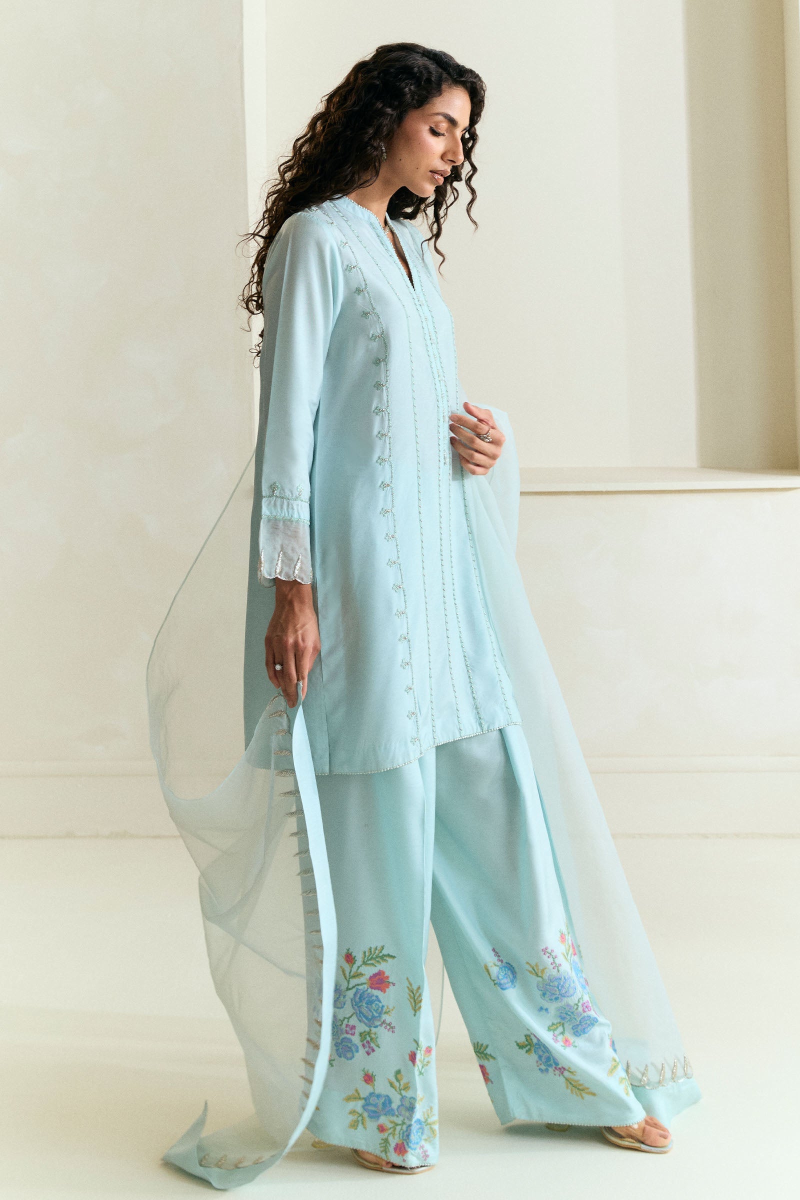 Pakistani Powder Blue Embroidered Raw Silk Salwar Kameez (3-Piece) - Image 3