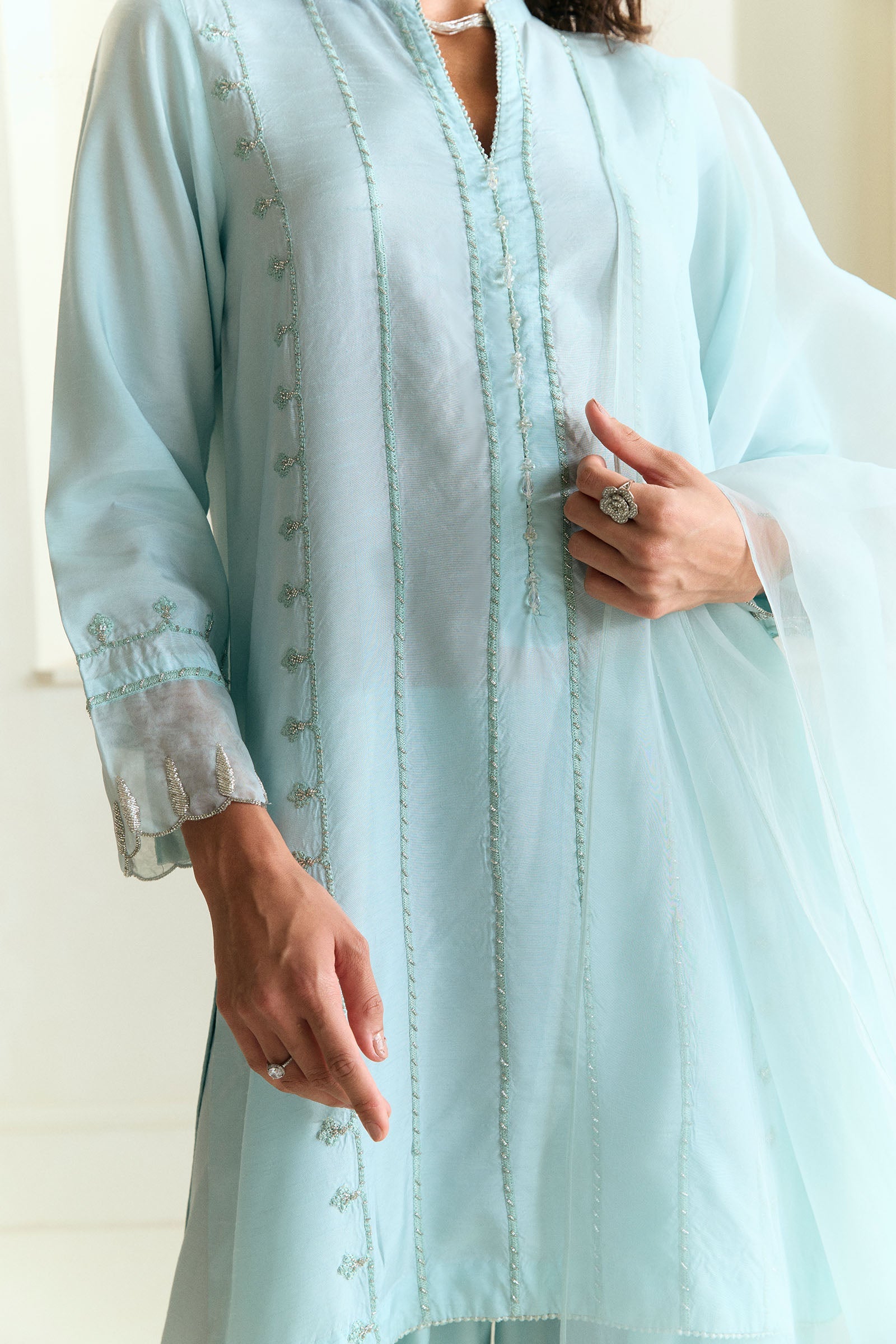 Pakistani Powder Blue Embroidered Raw Silk Salwar Kameez (3-Piece) - Image 4