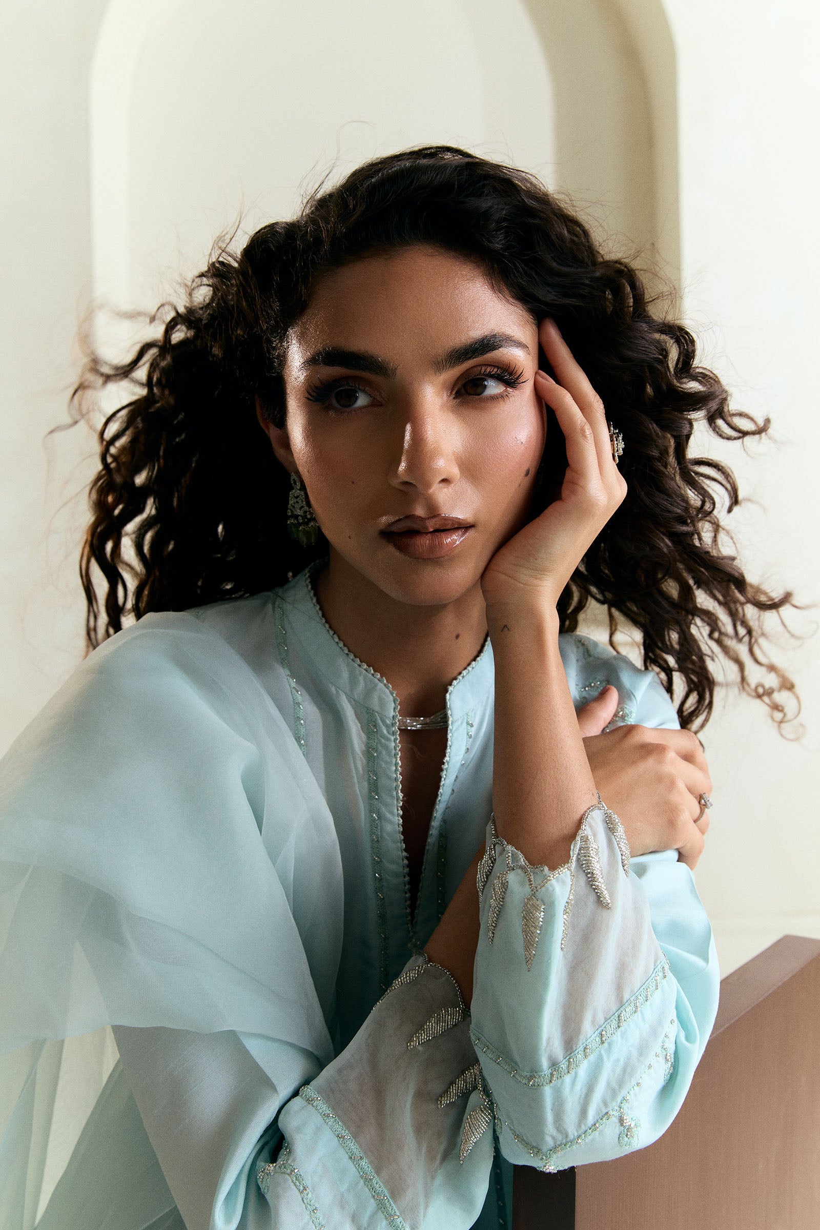 Pakistani Powder Blue Embroidered Raw Silk Salwar Kameez (3-Piece) - Image 5