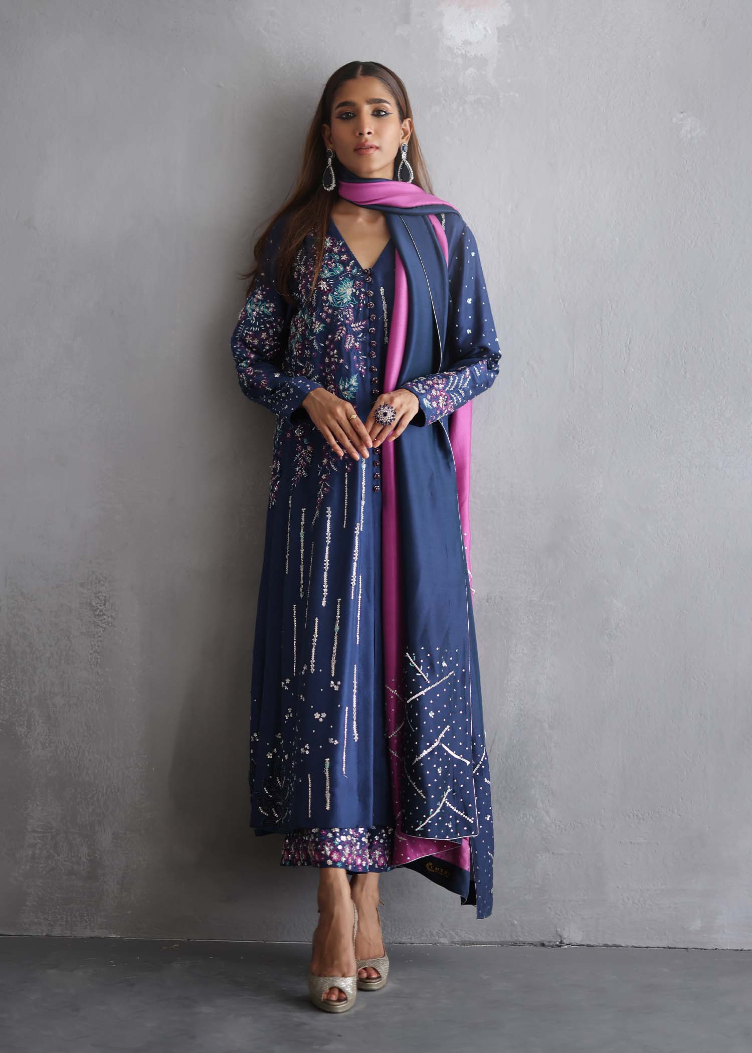 Pakistani Cobalt Hand Embellished Pure Raw Silk Salwar Kameez (3-Piece) - Image 1