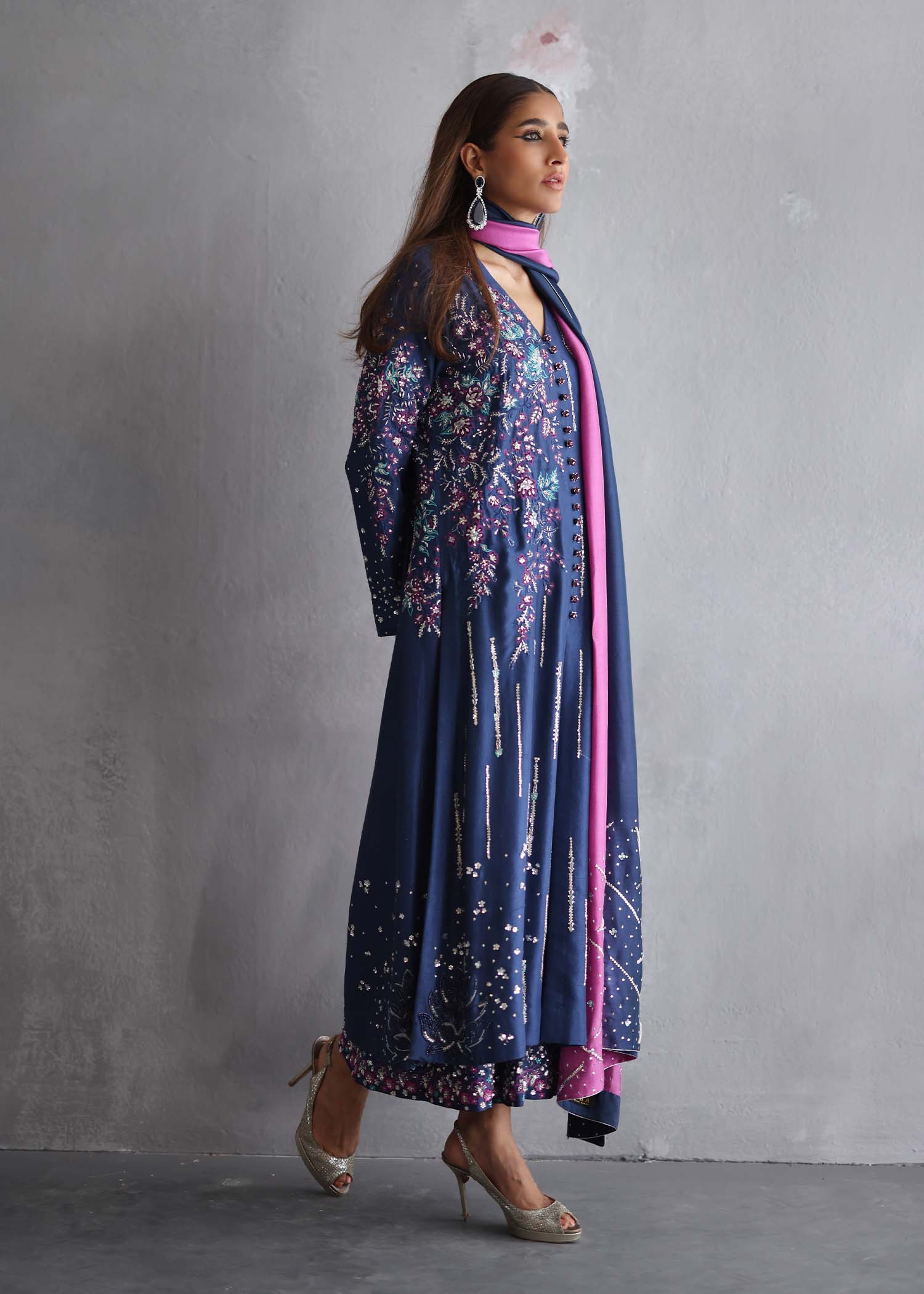 Pakistani Cobalt Hand Embellished Pure Raw Silk Salwar Kameez (3-Piece) - Image 3