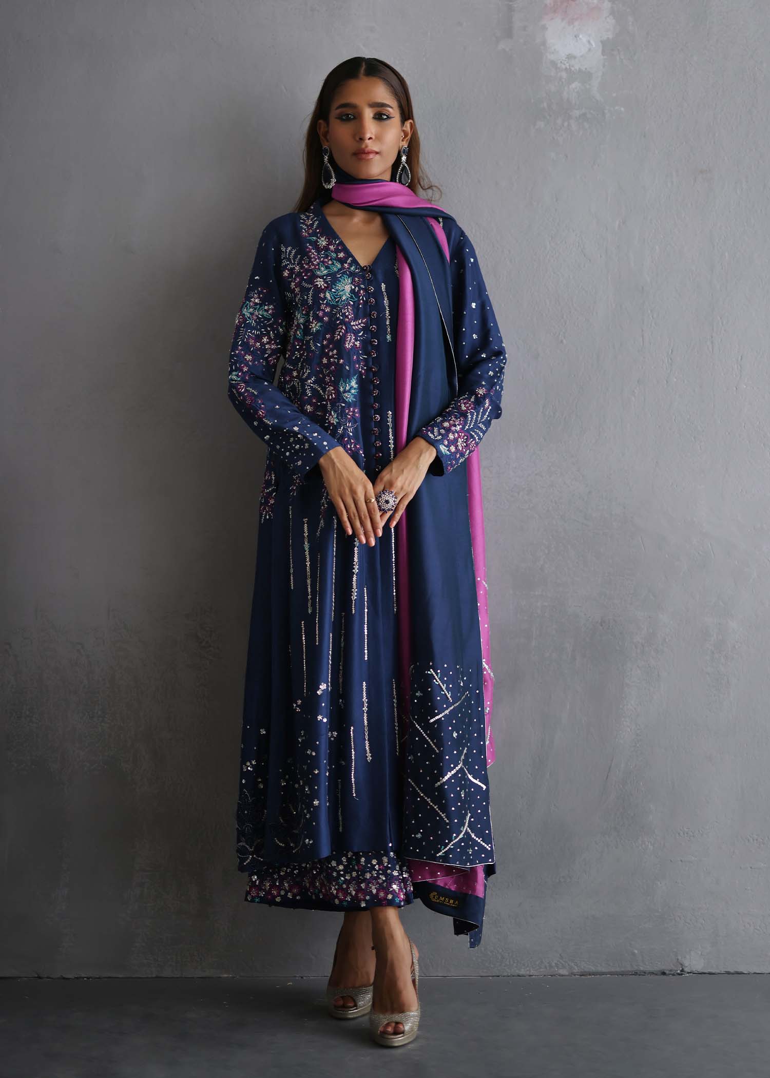Pakistani Cobalt Hand Embellished Pure Raw Silk Salwar Kameez (3-Piece) - Image 4