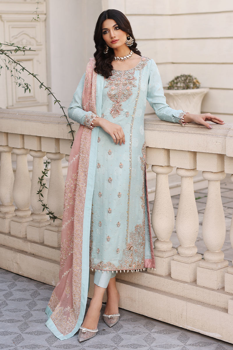 Pakistani Pale Blue Hand-Embroidered Raw Silk Salwar Kameez (3-Piece) - Image 1