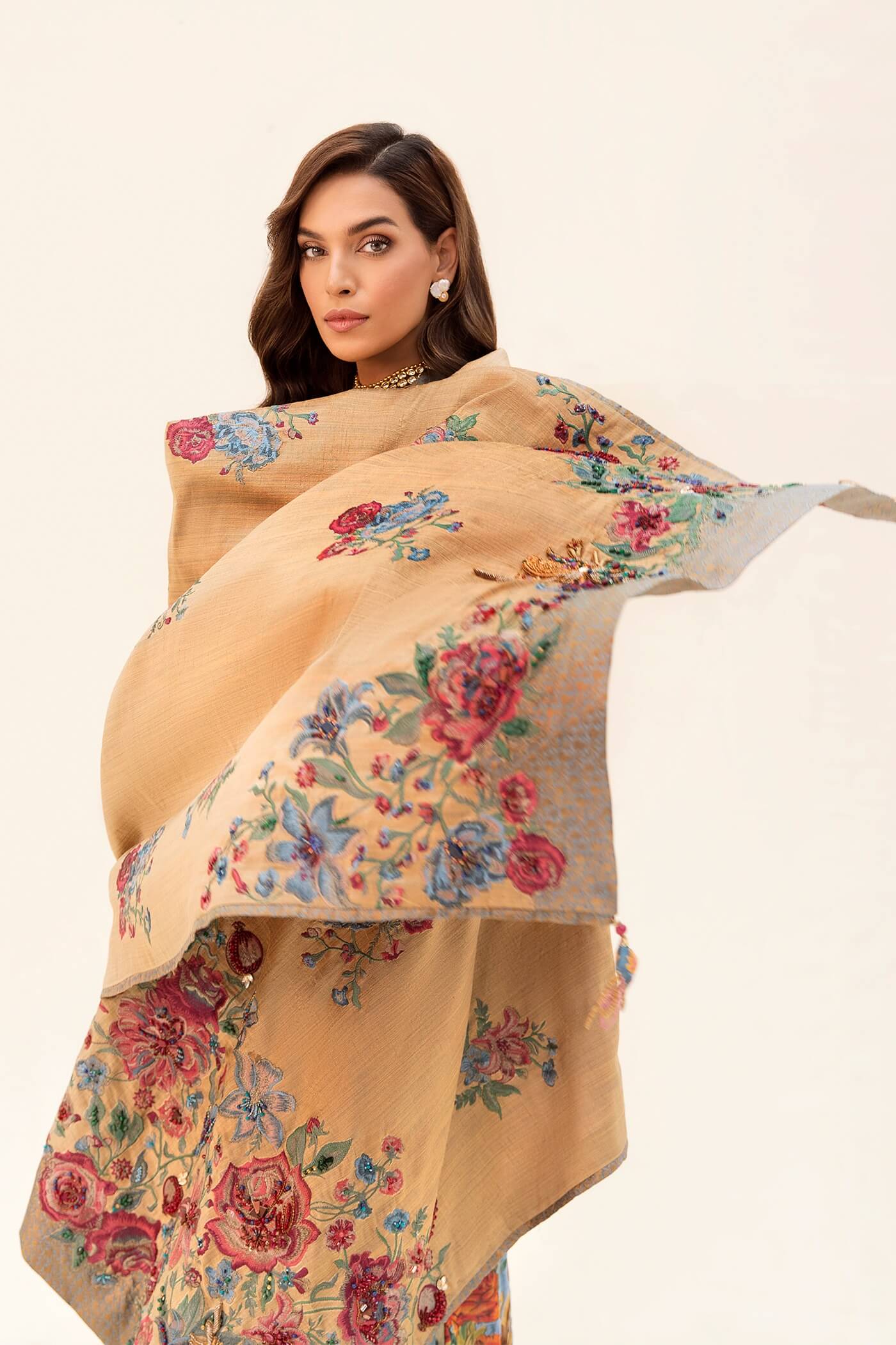 Pakistani Blue Embroidered Tissue Silk Salwar Kameez (3-Piece) - Image 1