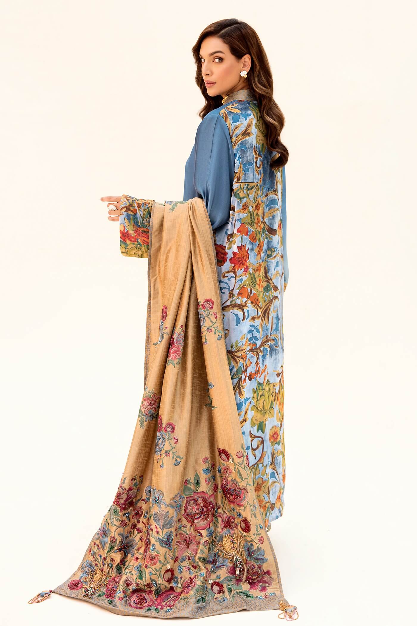 Pakistani Blue Embroidered Tissue Silk Salwar Kameez (3-Piece) - Image 2