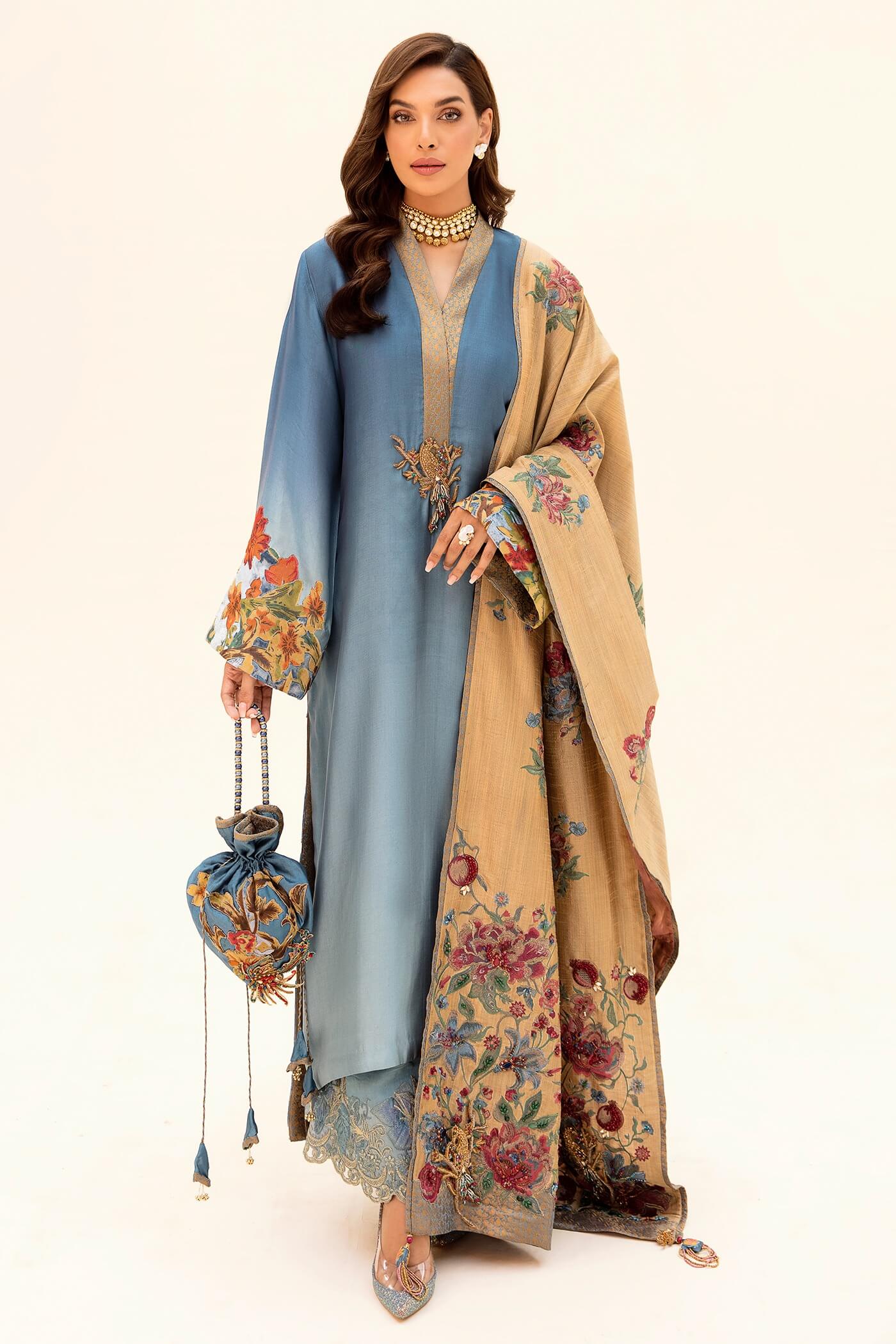 Pakistani Blue Embroidered Tissue Silk Salwar Kameez (3-Piece) - Image 3