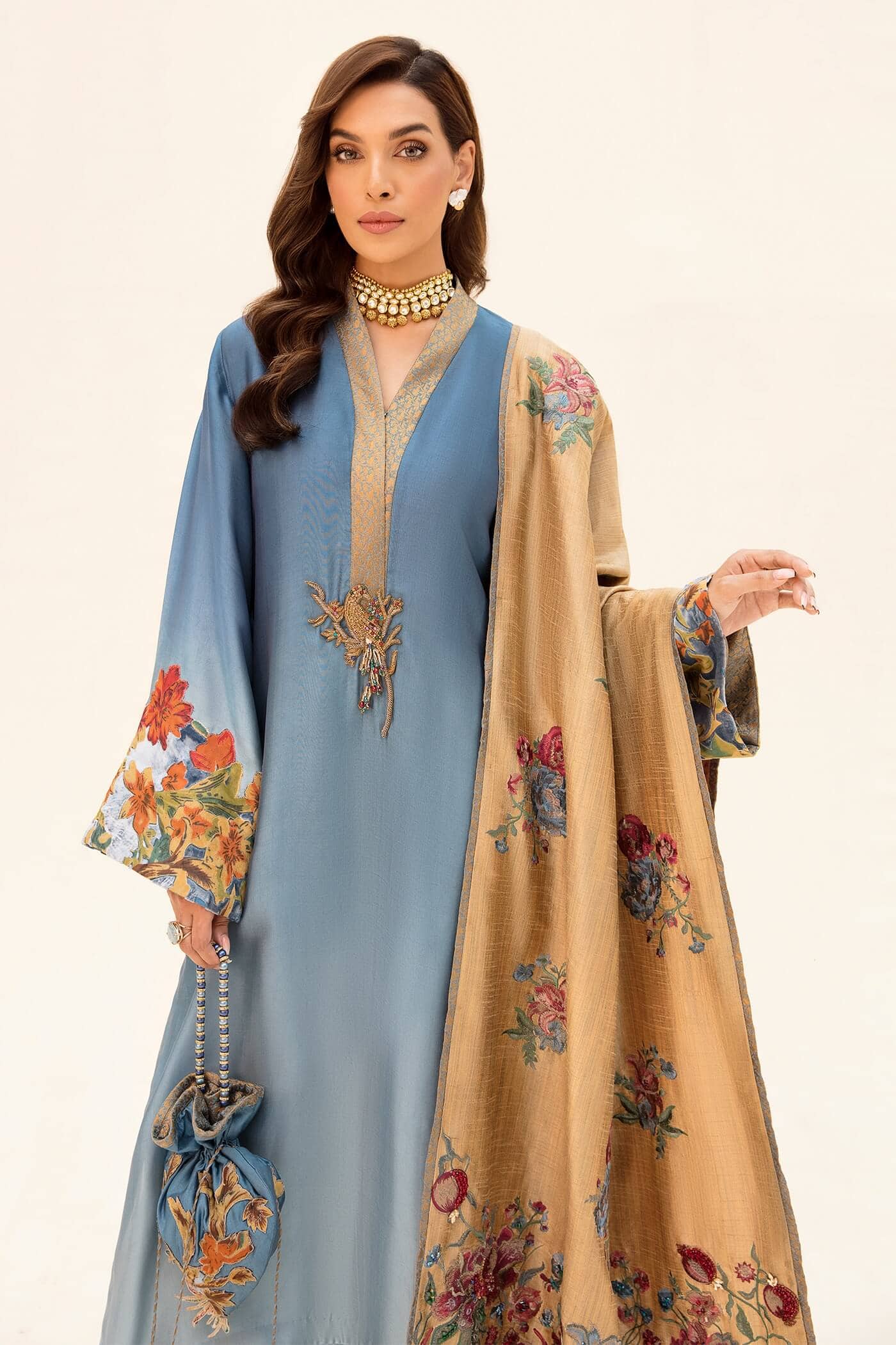 Pakistani Blue Embroidered Tissue Silk Salwar Kameez (3-Piece) - Image 4