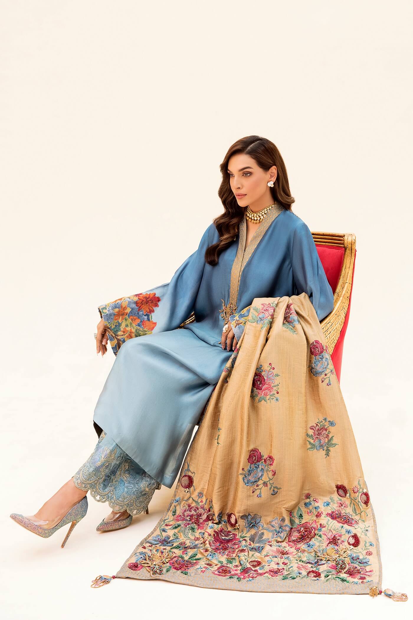 Pakistani Blue Embroidered Tissue Silk Salwar Kameez (3-Piece) - Image 5