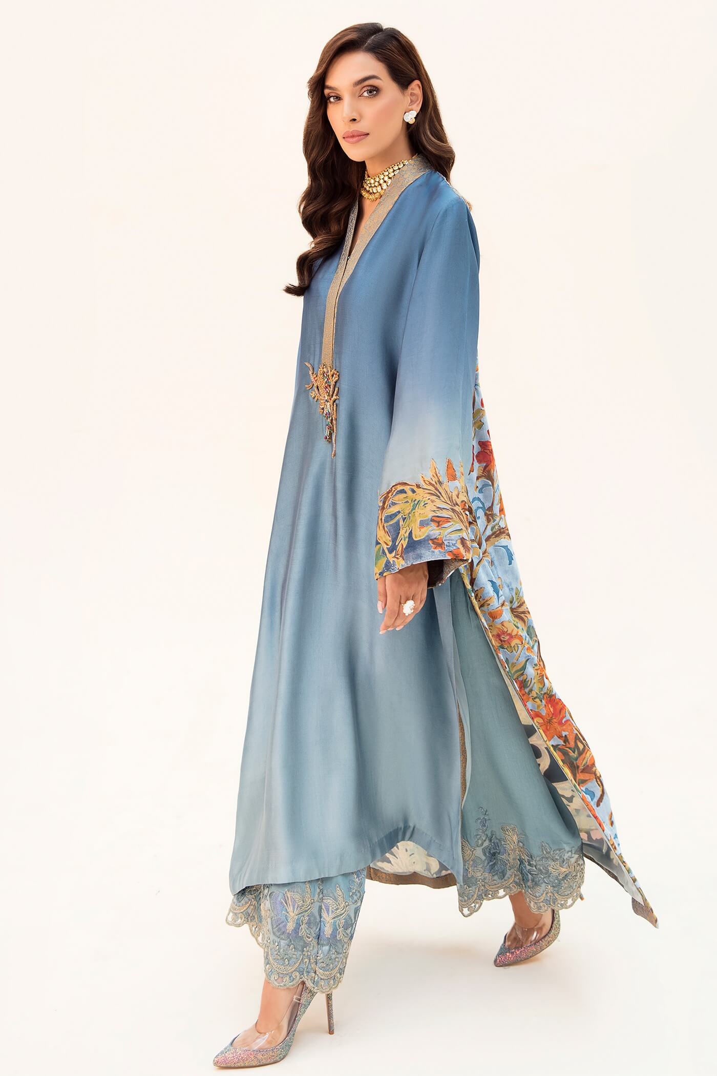 Pakistani Blue Embroidered Tissue Silk Salwar Kameez (3-Piece) - Image 7