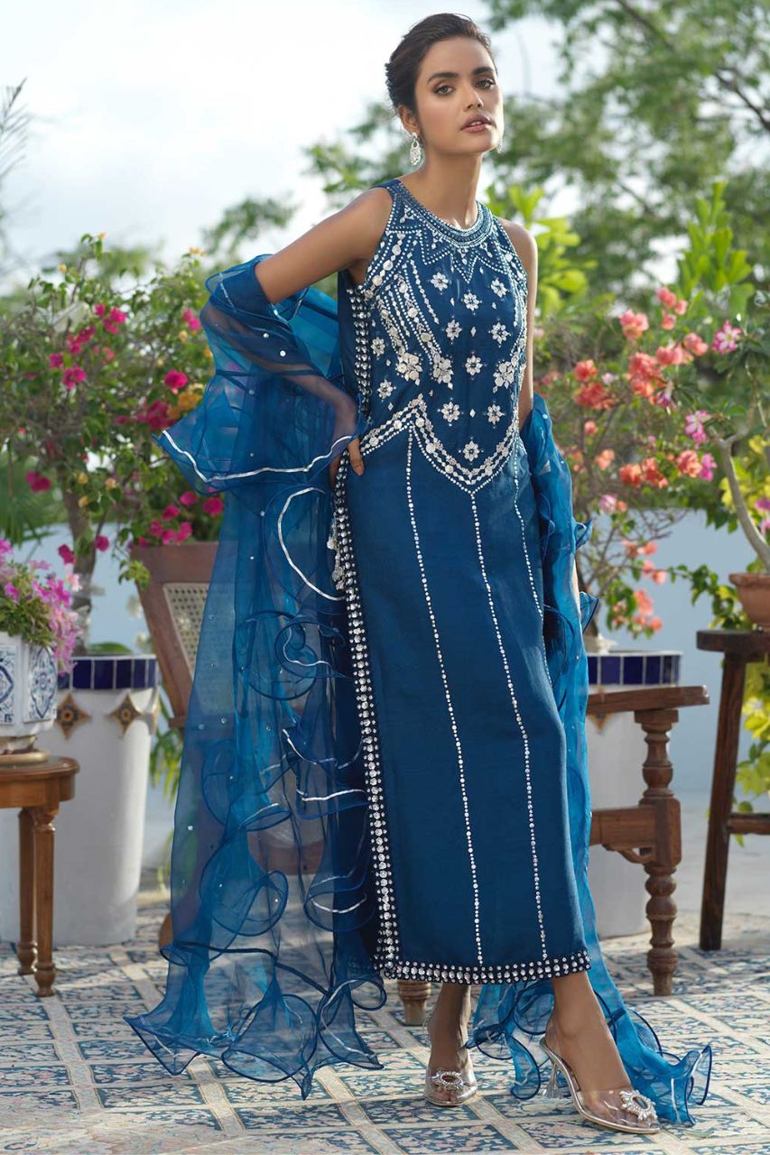 Deep Blue Kamdaani Zardozi Raw Silk Salwar Kameez (3-Piece) - Image 1