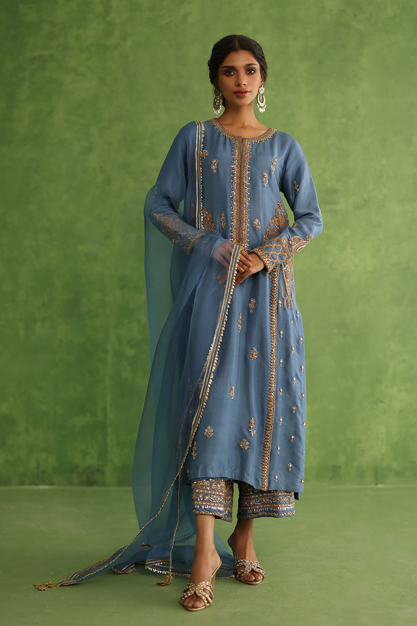 Revel Blue Marori Zardozi Raw Silk Kurta Set (3-Piece) - Image 1