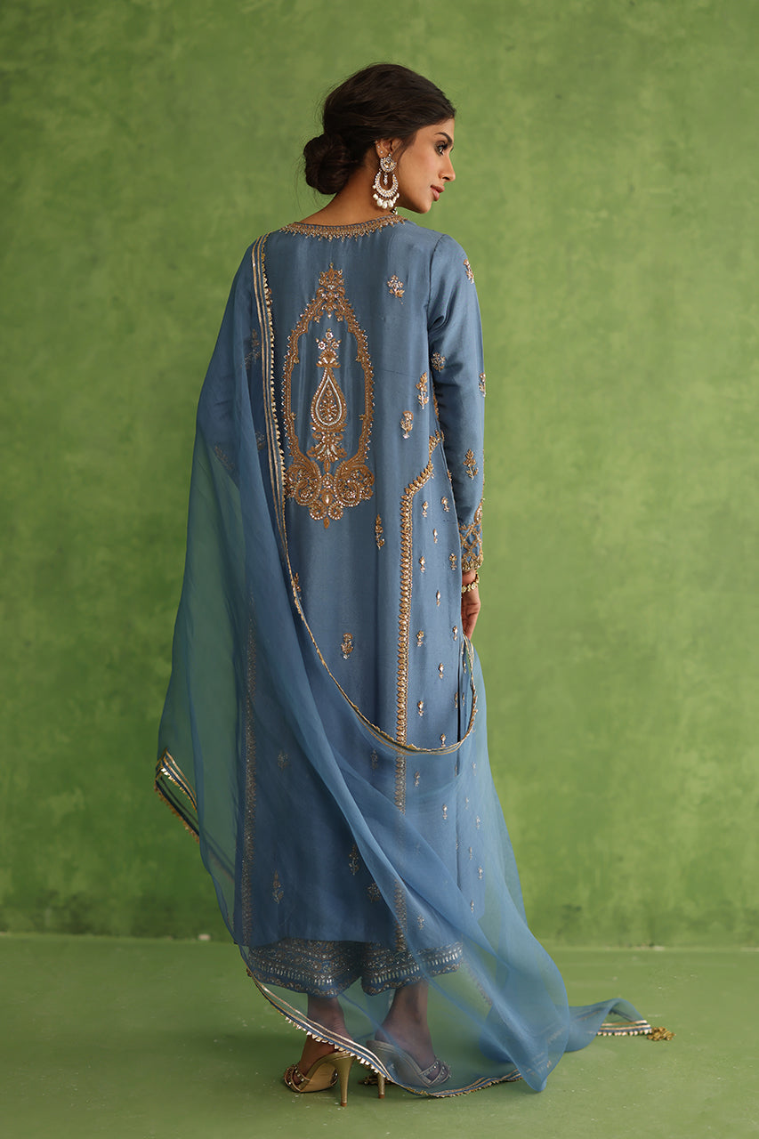 Revel Blue Marori Zardozi Raw Silk Kurta Set (3-Piece) - Image 2