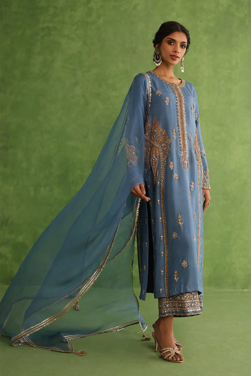 Revel Blue Marori Zardozi Raw Silk Kurta Set (3-Piece) - Image 3