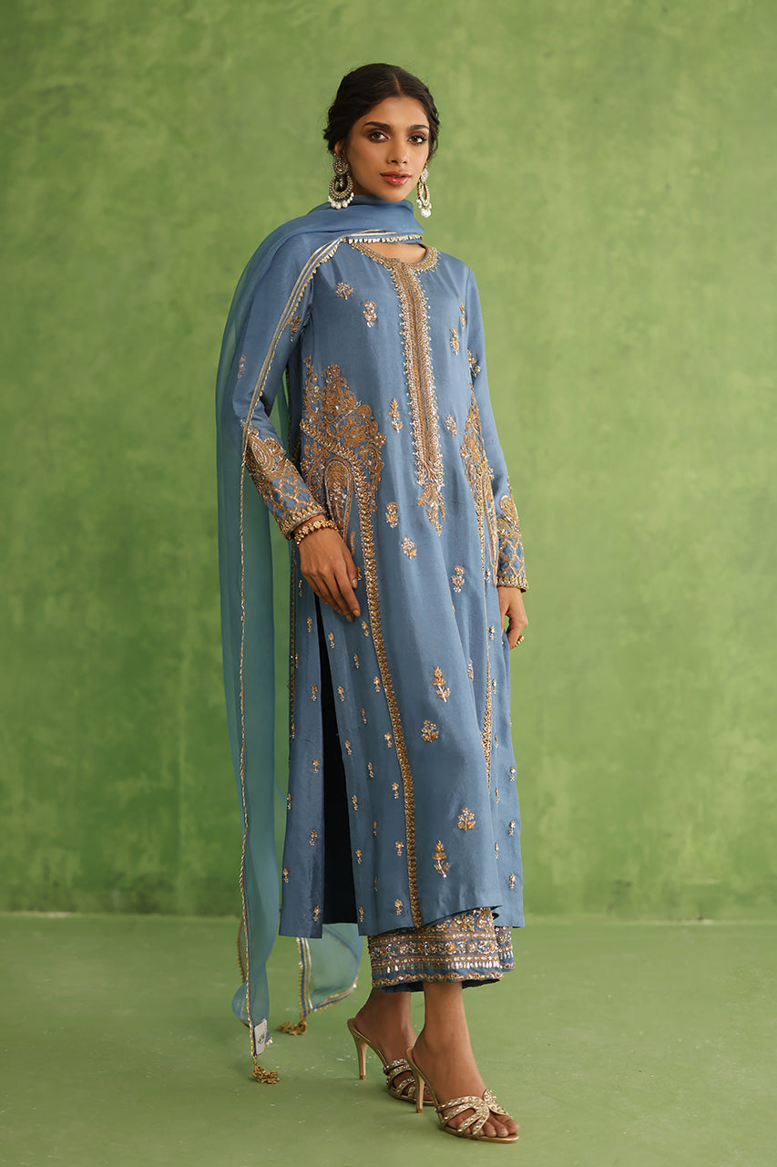 Revel Blue Marori Zardozi Raw Silk Kurta Set (3-Piece) - Image 4