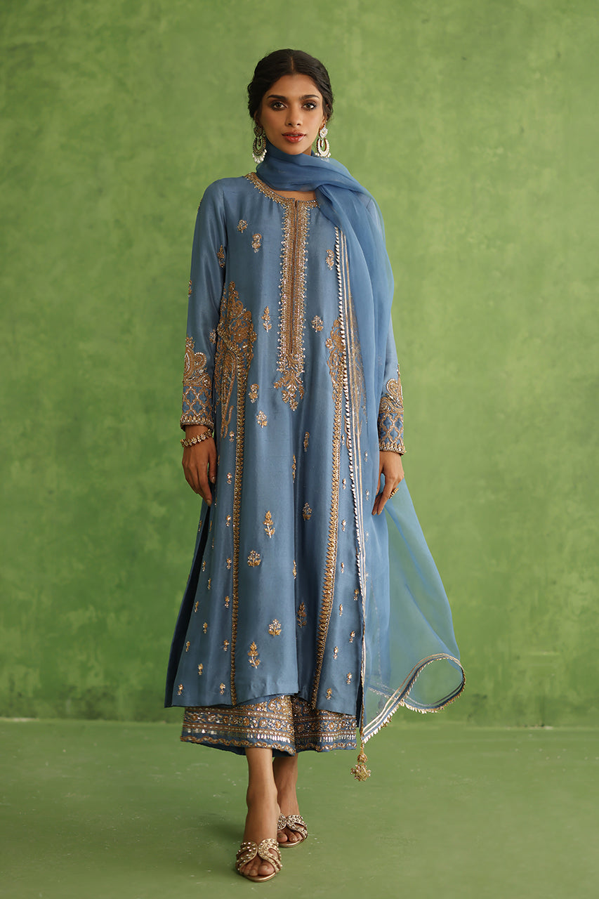 Revel Blue Marori Zardozi Raw Silk Kurta Set (3-Piece) - Image 5