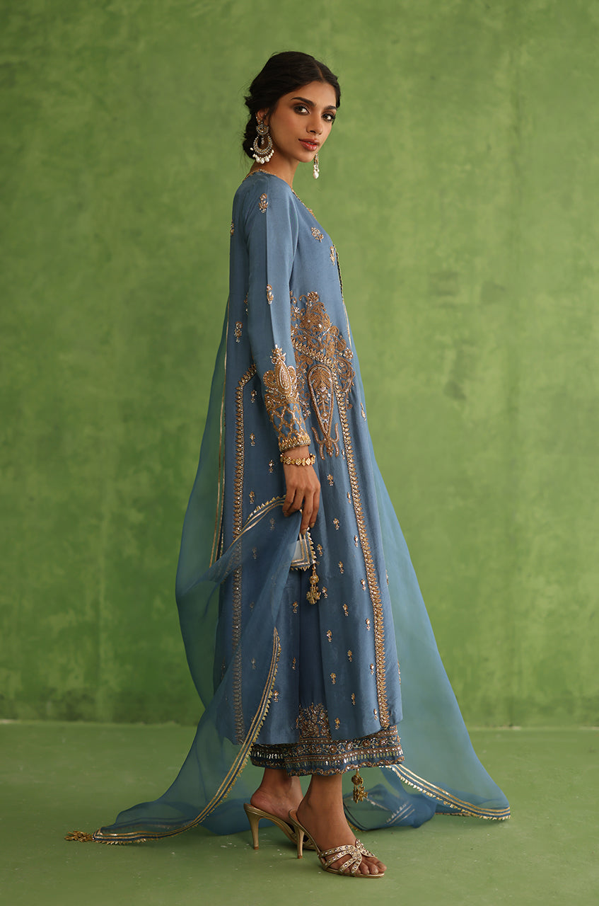 Revel Blue Marori Zardozi Raw Silk Kurta Set (3-Piece) - Image 6