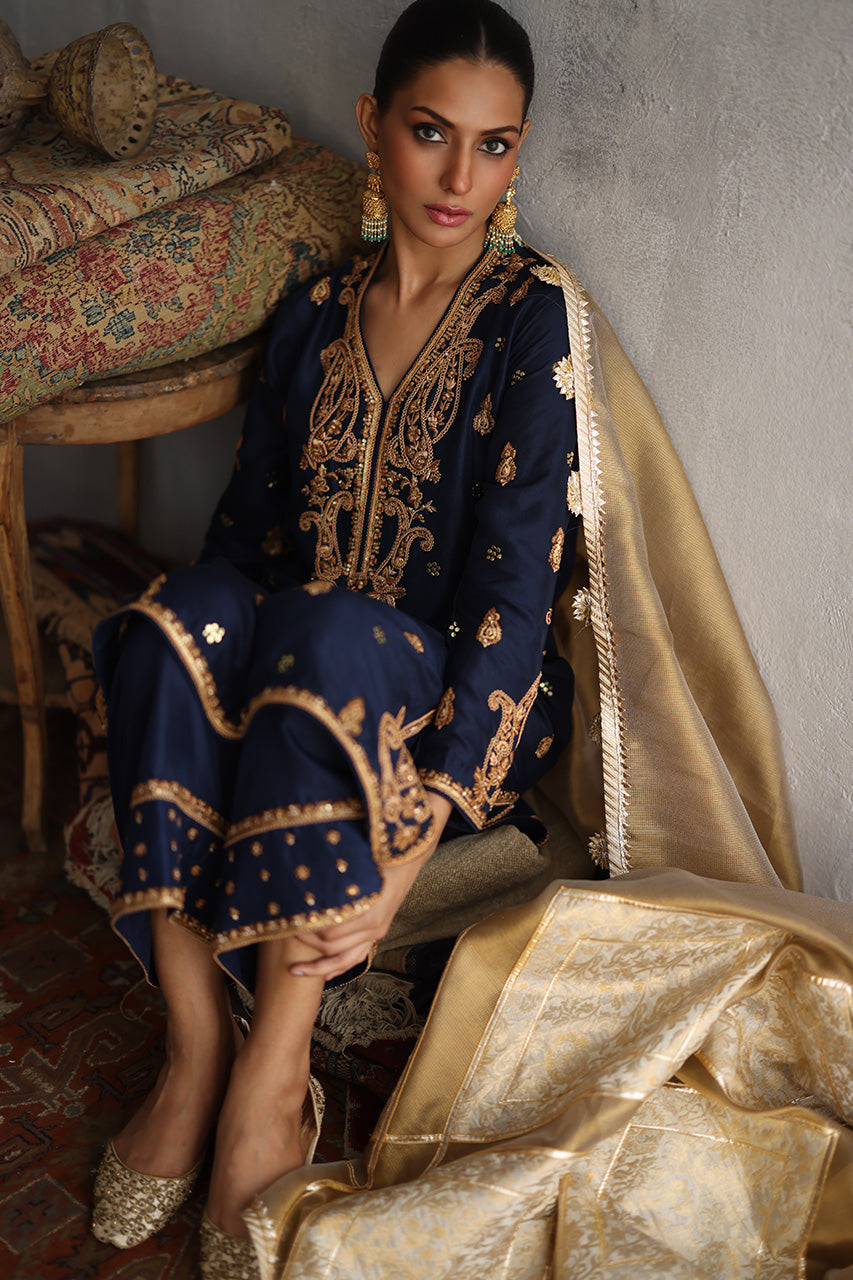 Pakistani Navy Blue Marori Zardozi Raw Silk Salwar Kameez (3-Piece) - Image 8