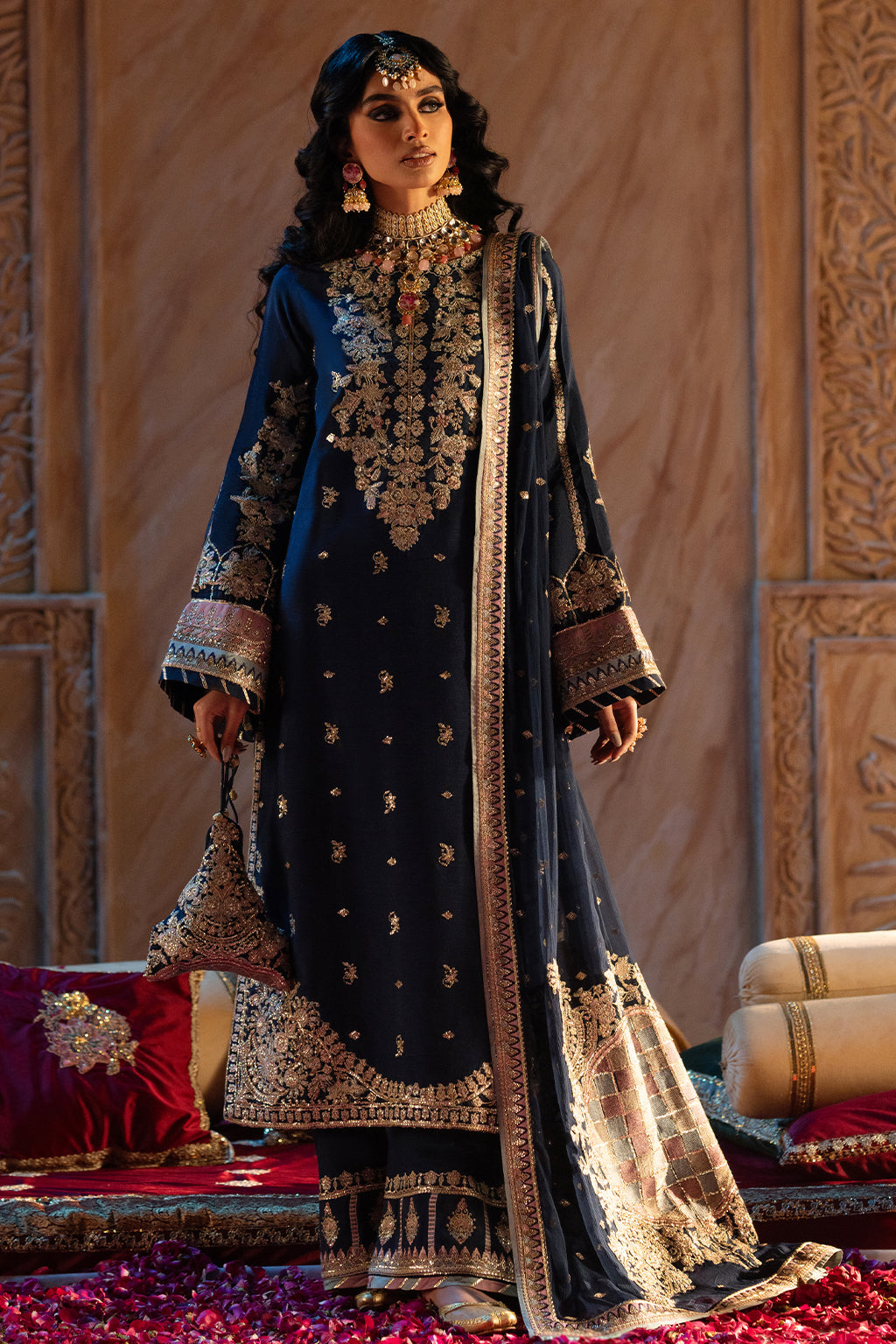 Pakistani Deep Blue Embroidered Raw Silk Salwar Kameez (3-Piece) - Image 1