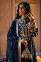 Pakistani Deep Blue Embroidered Raw Silk Salwar Kameez (3-Piece) - Image 5