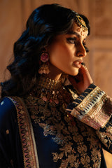 Pakistani Deep Blue Embroidered Raw Silk Salwar Kameez (3-Piece) - Image 6