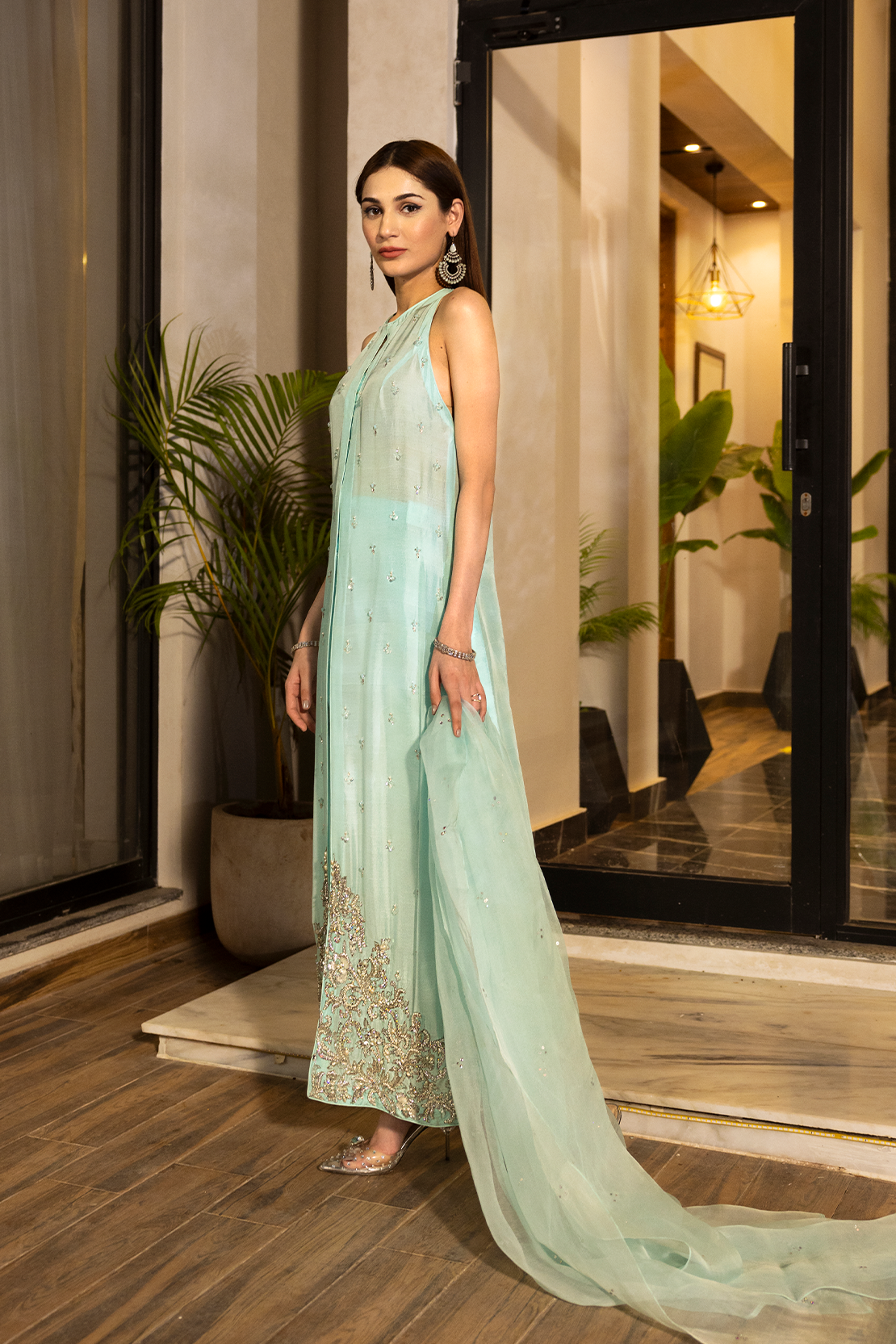 Pakistani Sky Blue Embellished Raw Silk Salwar Kameez (3-Piece) - Image 1