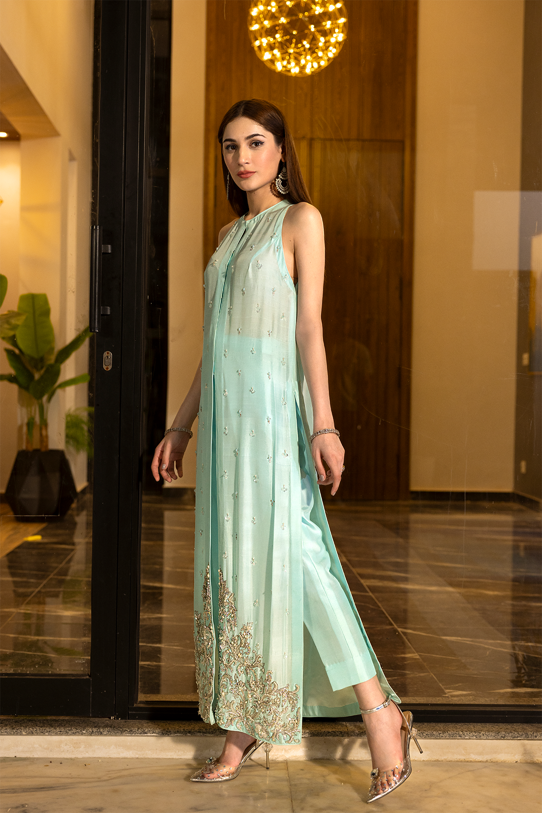 Pakistani Sky Blue Embellished Raw Silk Salwar Kameez (3-Piece) - Image 2